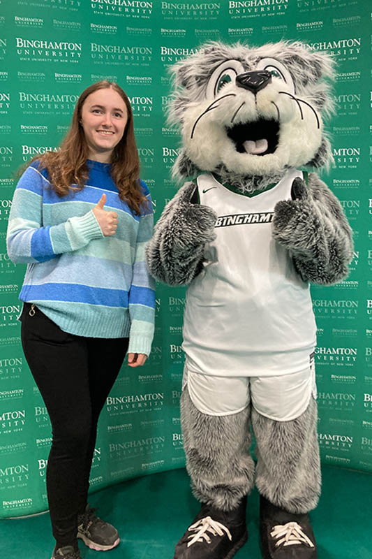 Kelley with the Binghamton University mascot